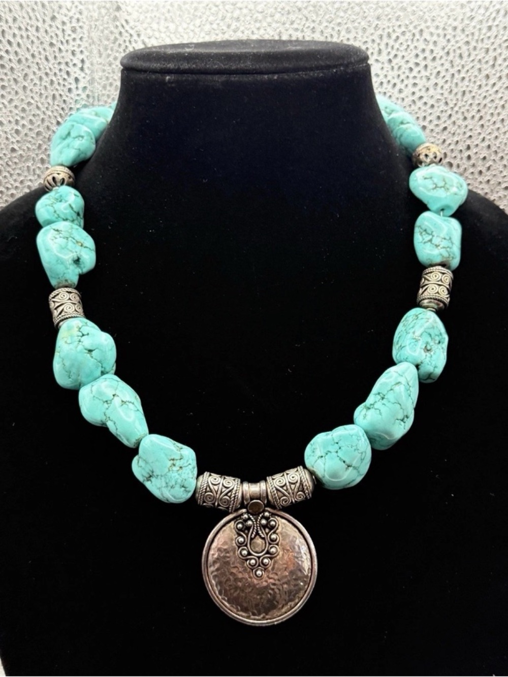 Vintage Southwestern Turquoise & Silver Tone Coin Statement Necklace